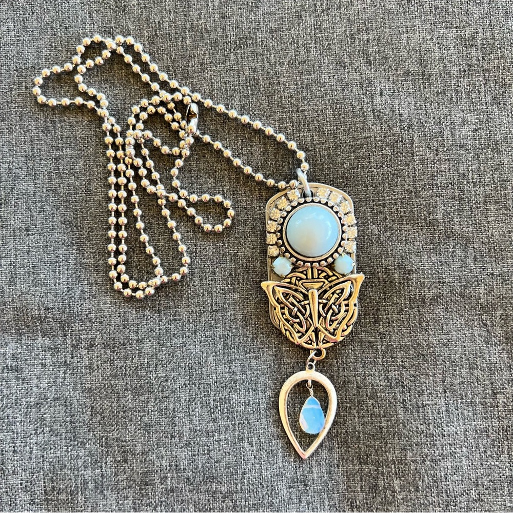 Vintage Glammy Tags Larimar Rhinestone Butterfly Embellished Dog Tag Necklace